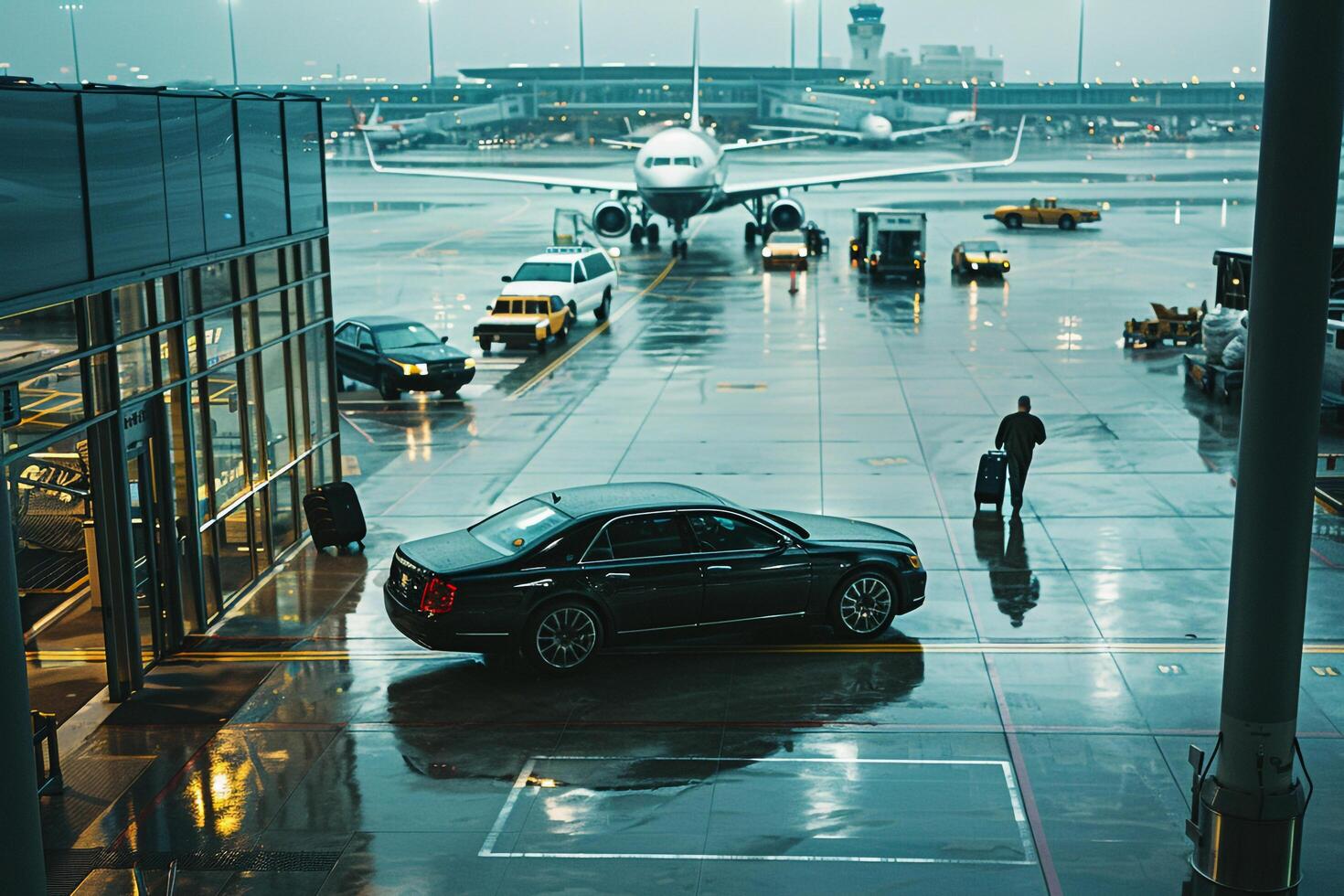 Mid size sedan parked at bustling airport terminal with travelers loading luggage and planes taxiing in the background photo
