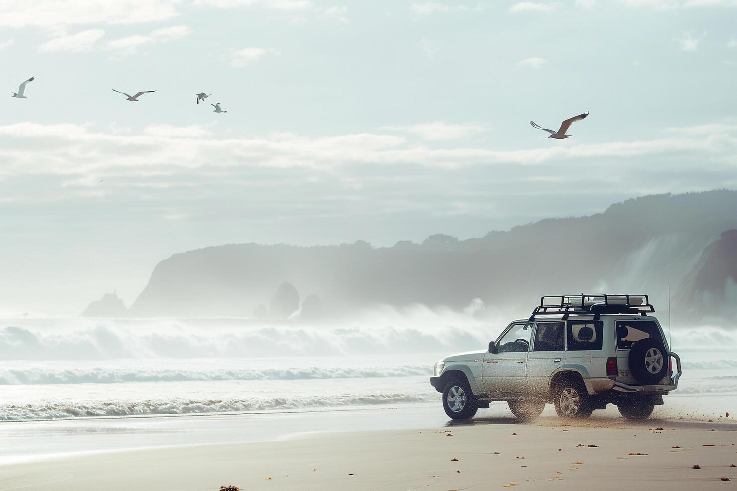 Crossover SUV driving on sandy beach with waves crashing in the background and seagulls flying overhead photo