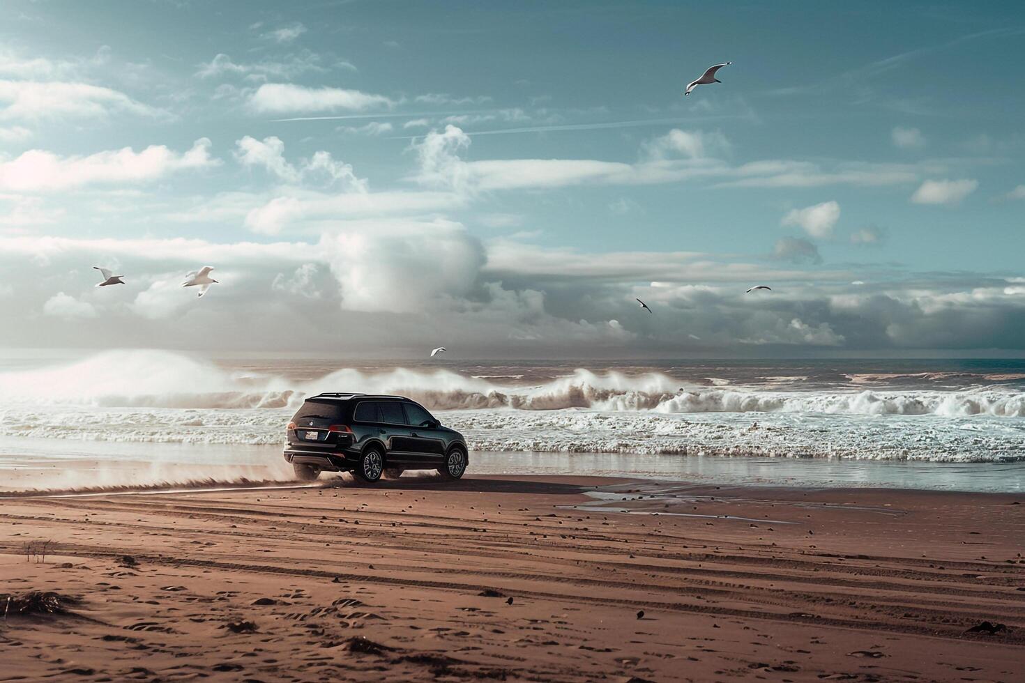 Crossover SUV driving on sandy beach with waves crashing in the background and seagulls flying overhead photo