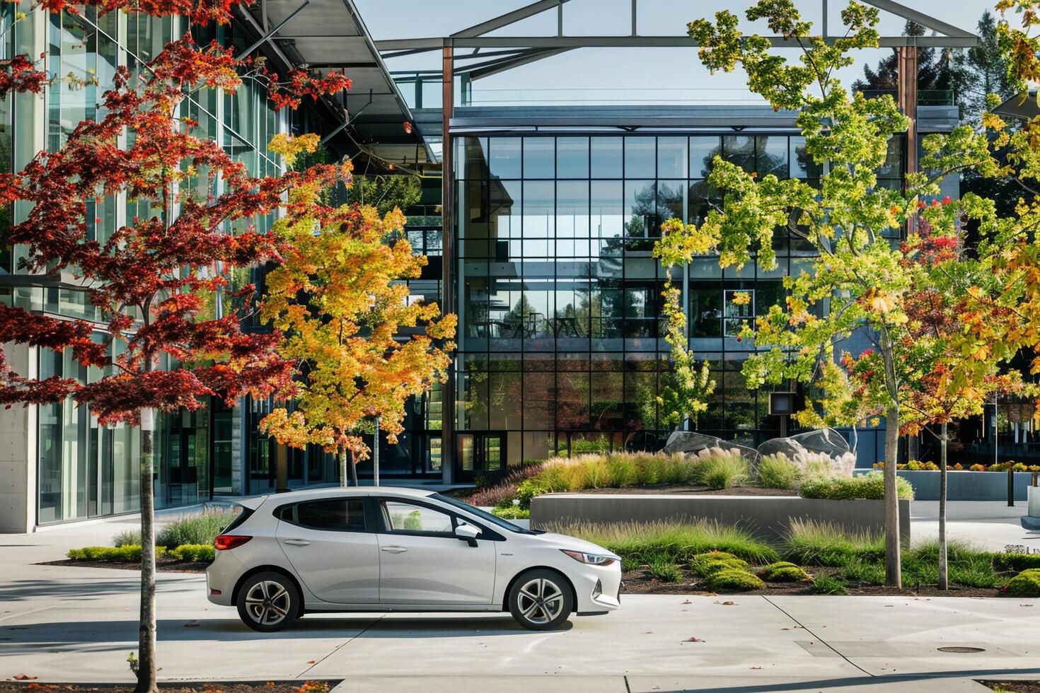 Mid size hatchback parked in front of modern community center with glass facades and landscaped gardens background photo