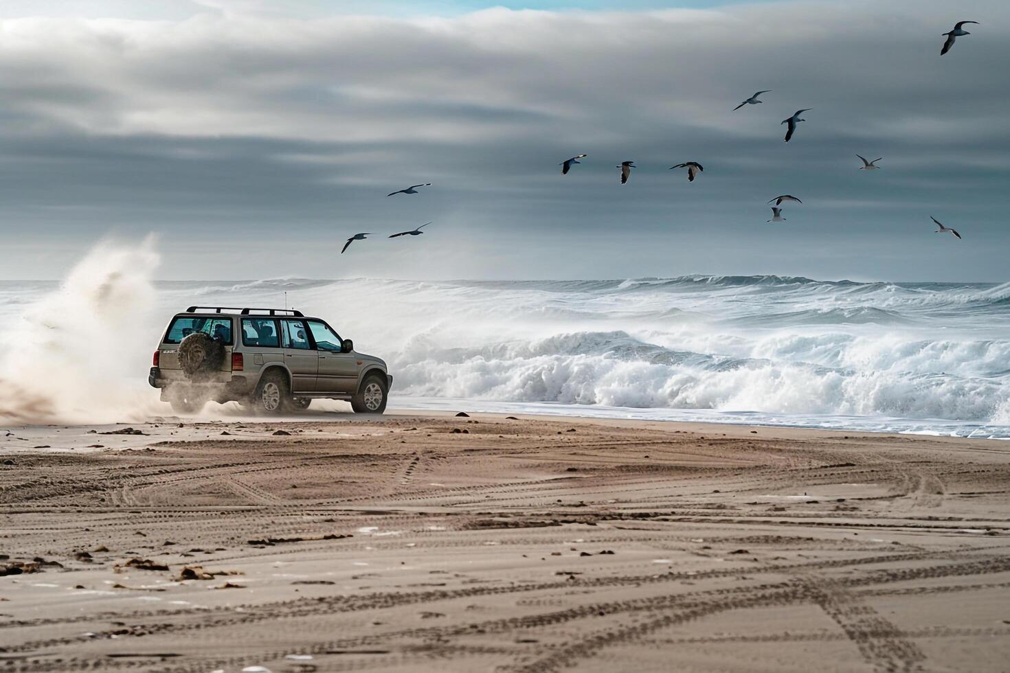 Freedom Crossover SUV driving on sandy beach with waves crashing in the background and seagulls flying overhead background photo