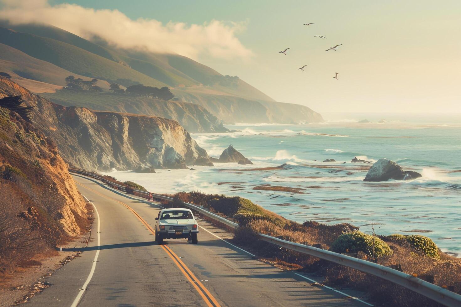 Freedom Compact crossover driving on scenic coastal road with ocean waves crashing against cliffs and seagulls flying overhead background photo