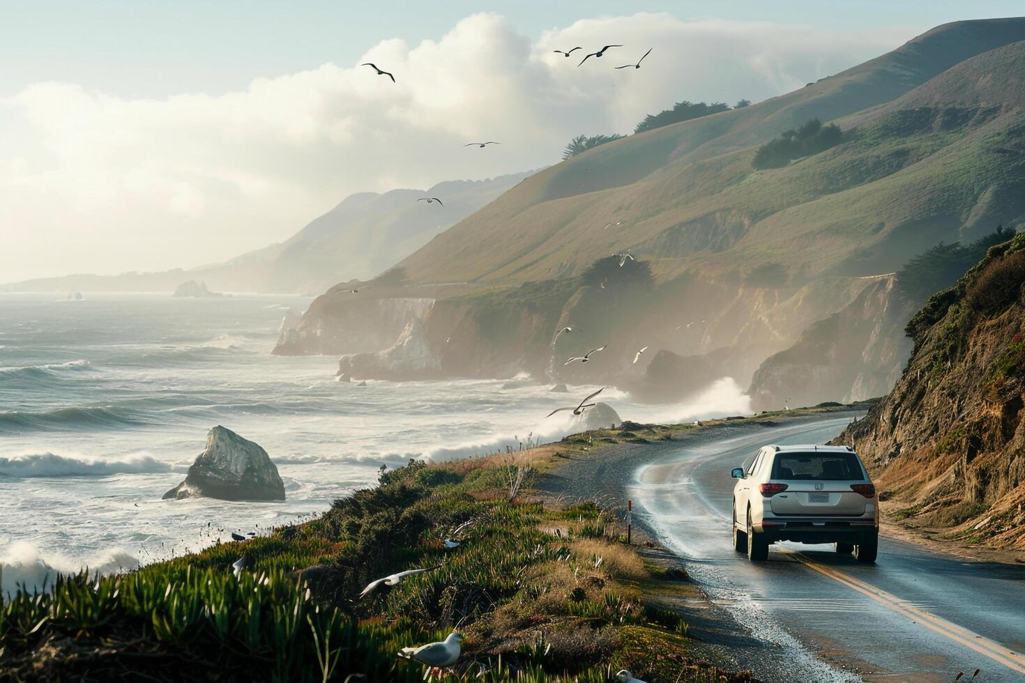 Freedom Compact crossover driving on scenic coastal road with ocean waves crashing against cliffs and seagulls flying overhead background photo