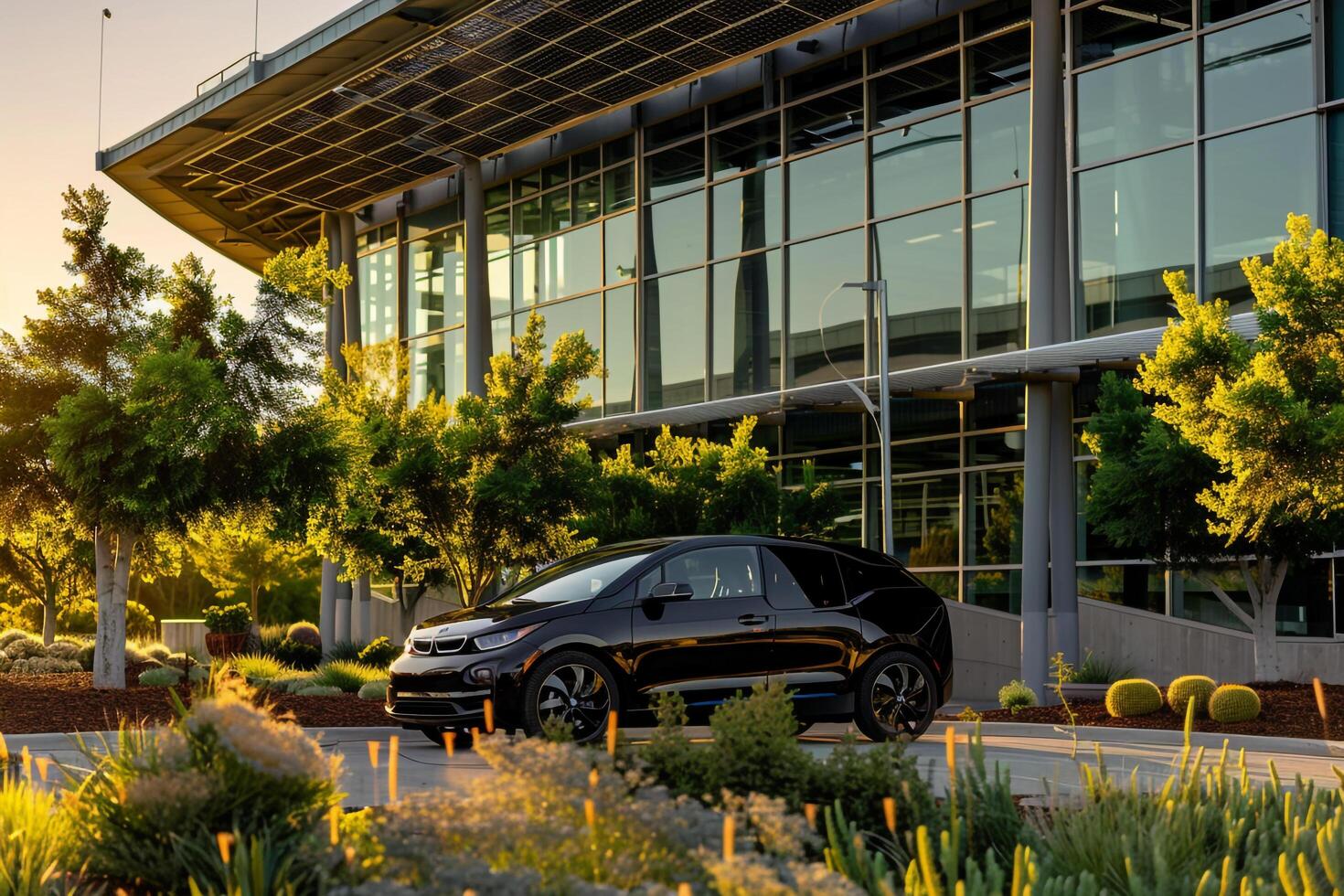 Innovation Mid size electric car parked at modern tech campus with solar panels and sustainable design elements background photo