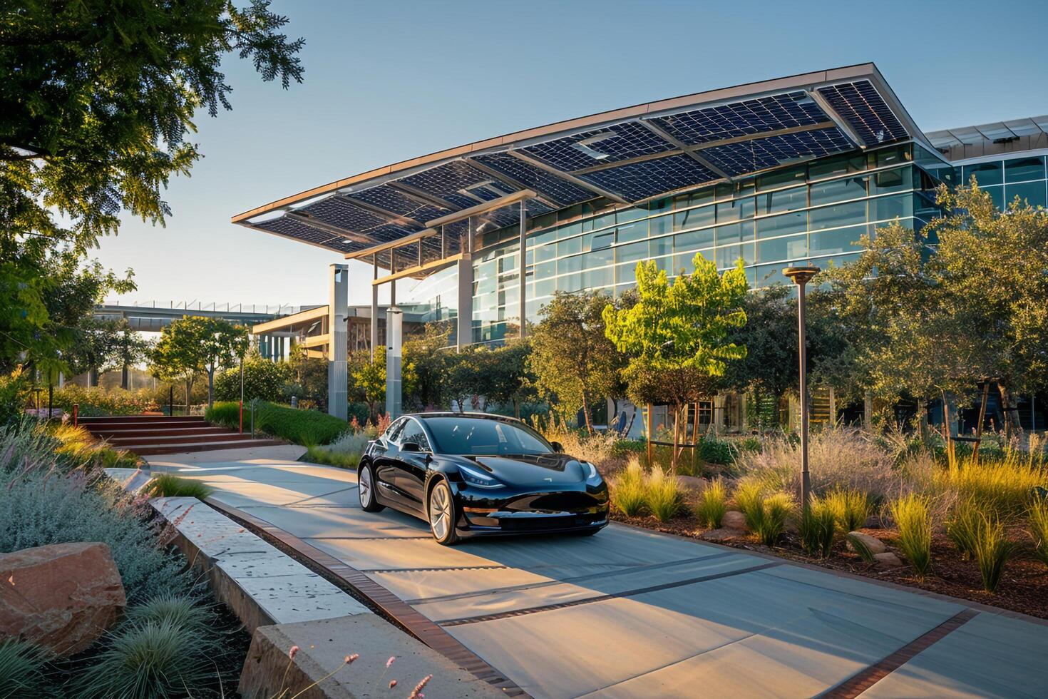 Innovation Mid size electric car parked at modern tech campus with solar panels and sustainable design elements background photo