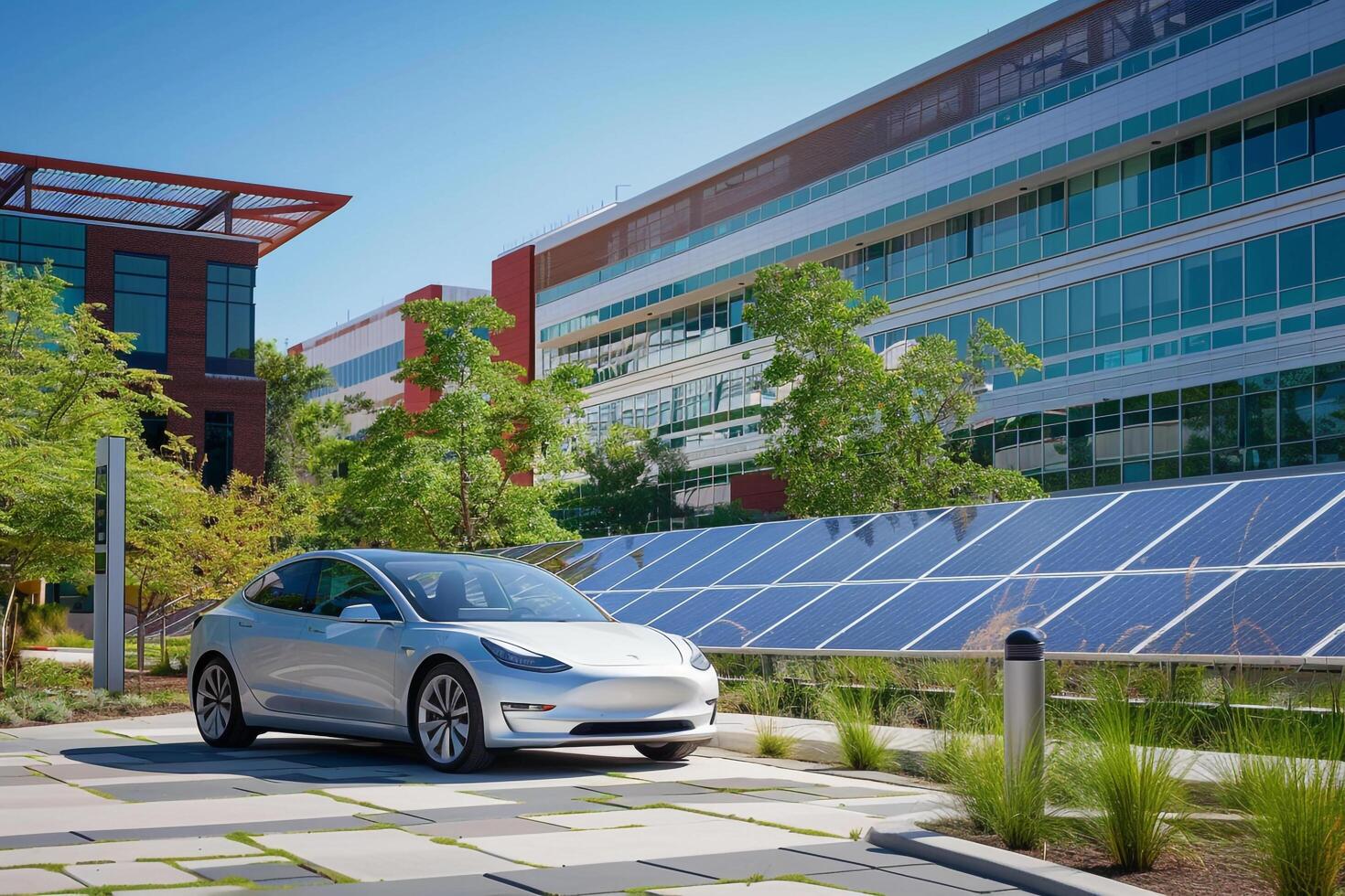 Innovation Mid size electric car parked at modern tech campus with solar panels and sustainable design elements background photo