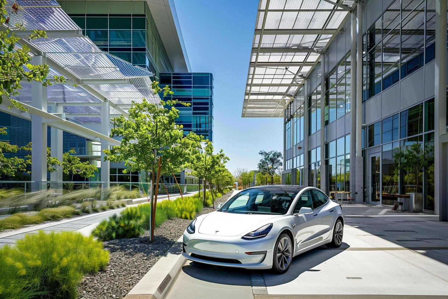 Innovation Mid size electric car parked at modern tech campus with solar panels and sustainable design elements background photo