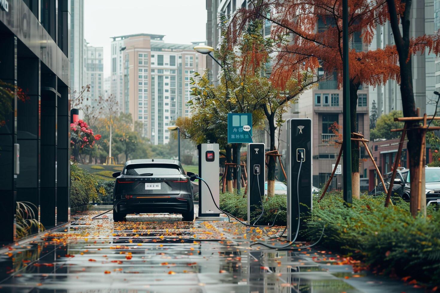 Innovation Electric vehicle EV charging at sleek charging station in modern city environment with clean lines and urban architecture background photo