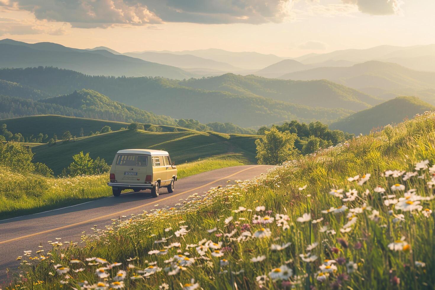 Lifestyle Mid size wagon driving on scenic country road surrounded by rolling hills and blooming wildflowers background photo