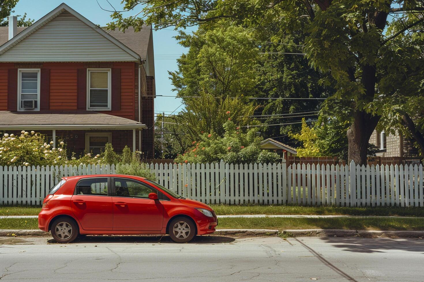 Lifestyle Compact hatchback parked in suburban neighborhood with neat lawns and picket fences showcasing family friendly environment background photo