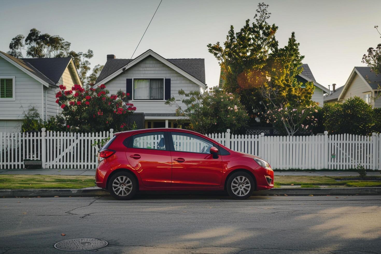 Lifestyle Compact hatchback parked in suburban neighborhood with neat lawns and picket fences showcasing family friendly environment and background photo