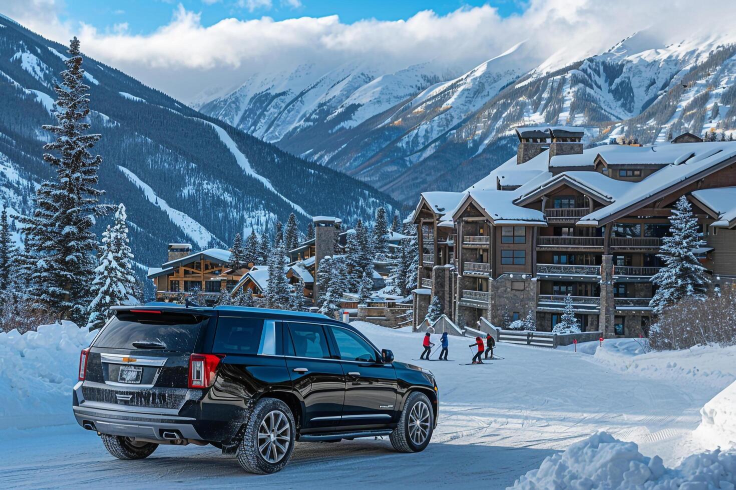 Luxury Mid size SUV parked at luxury ski resort with skiers coming down snow covered slopes and cozy lodge in the background photo