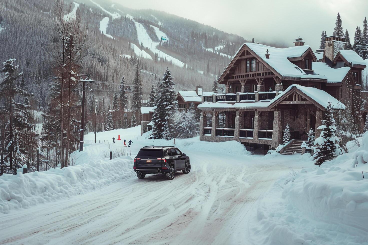 Luxury Mid size SUV parked at luxury ski resort with skiers coming down snow covered slopes and cozy lodge in the background photo