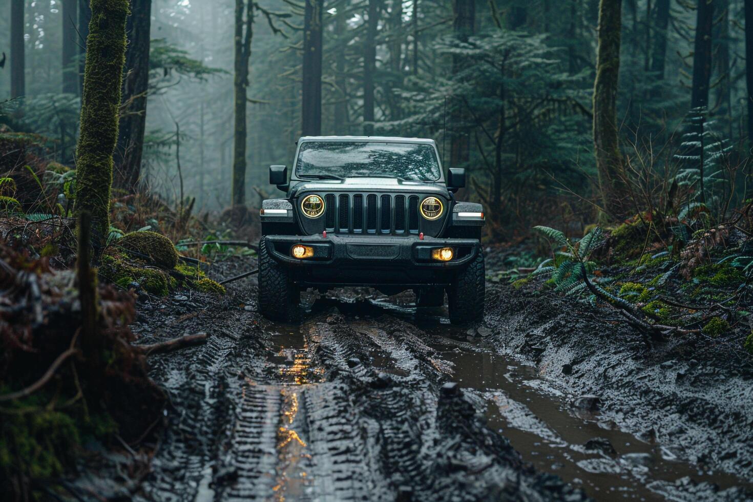Full size SUV parked at an off road trailhead with rugged terrain and muddy tracks leading into dense forest photo