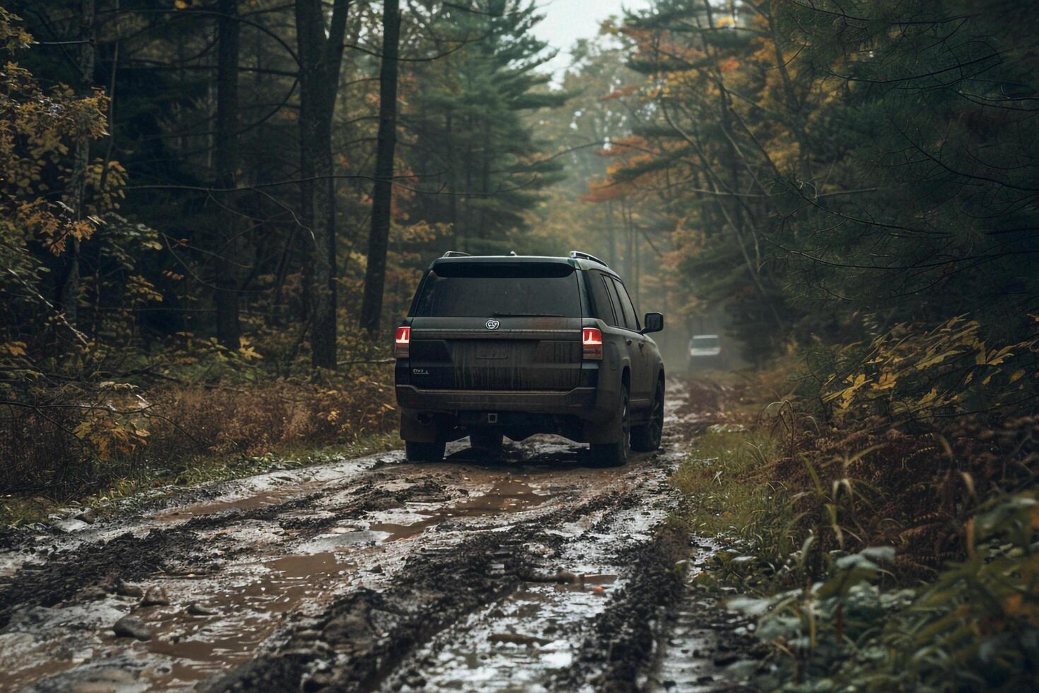 Full size SUV parked at an off road trailhead with rugged terrain and muddy tracks leading into dense forest photo