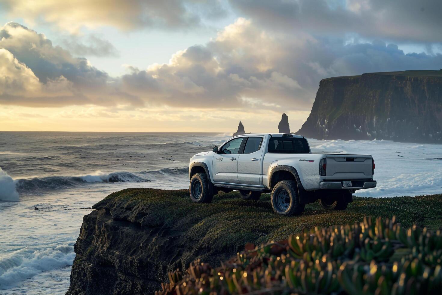 Powerful Full size truck parked on cliffside overlooking rugged coastline with crashing waves and dramatic sestacks in the background photo