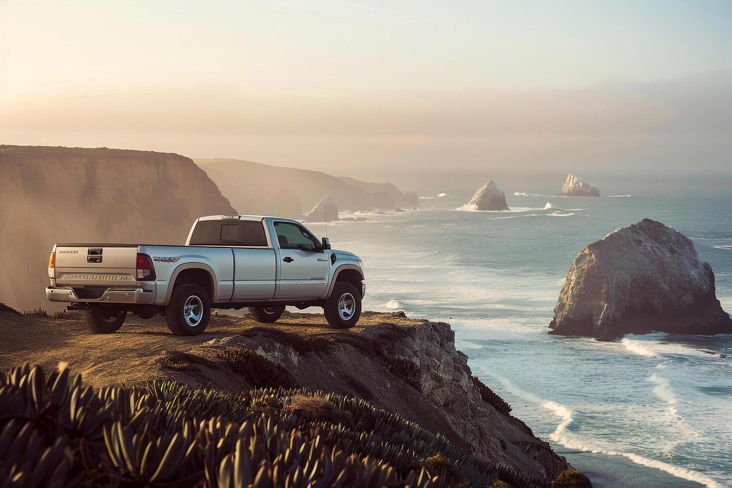 Powerful Full size truck parked on cliffside overlooking rugged coastline with crashing waves and dramatic sestacks in the background photo