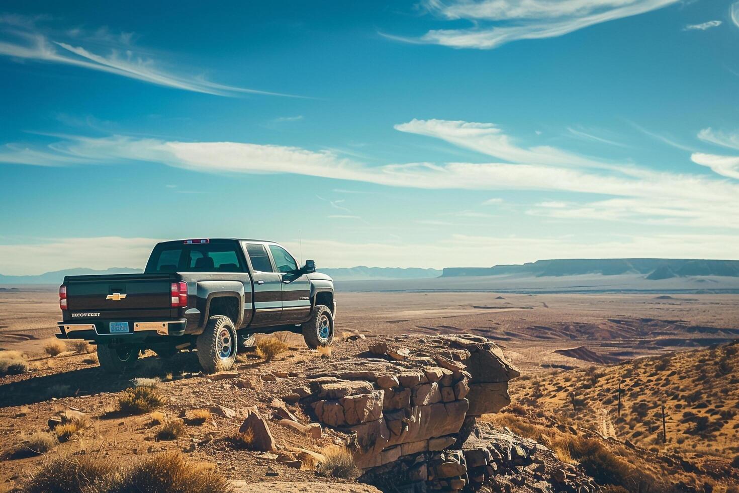 Powerful Full size truck parked on rocky hilltop with vast desert landscape stretching into the distance under clear blue sky photo
