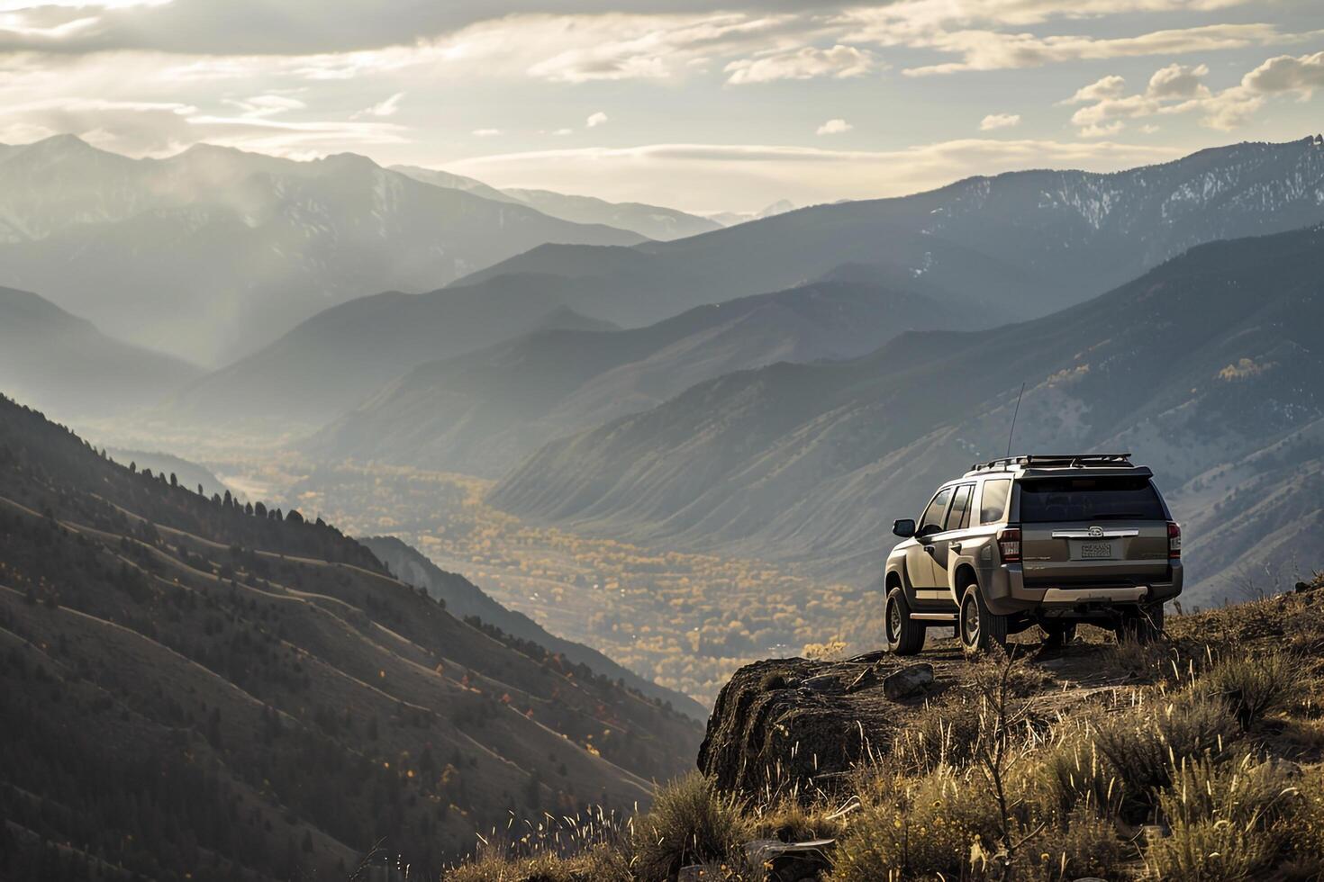 Powerful Full size SUV parked at rugged mountain overlook with panoramics of valleys and distant peaks photo