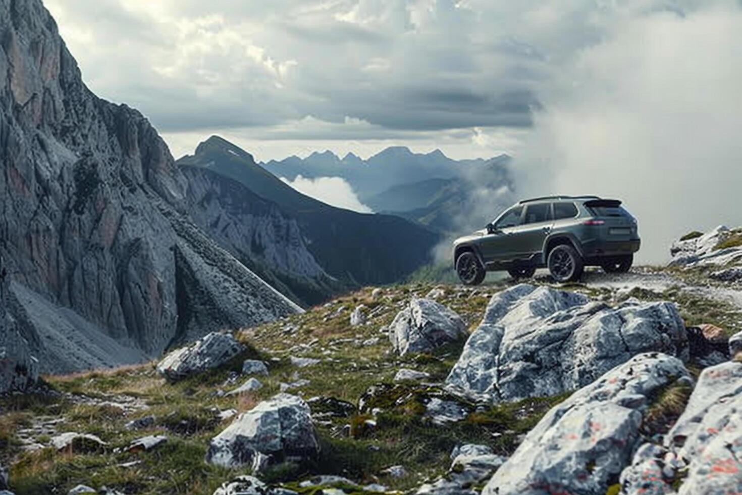 Powerful Hybrid SUV driving off road on rugged mountain trail with rocky terrain and panoramics photo
