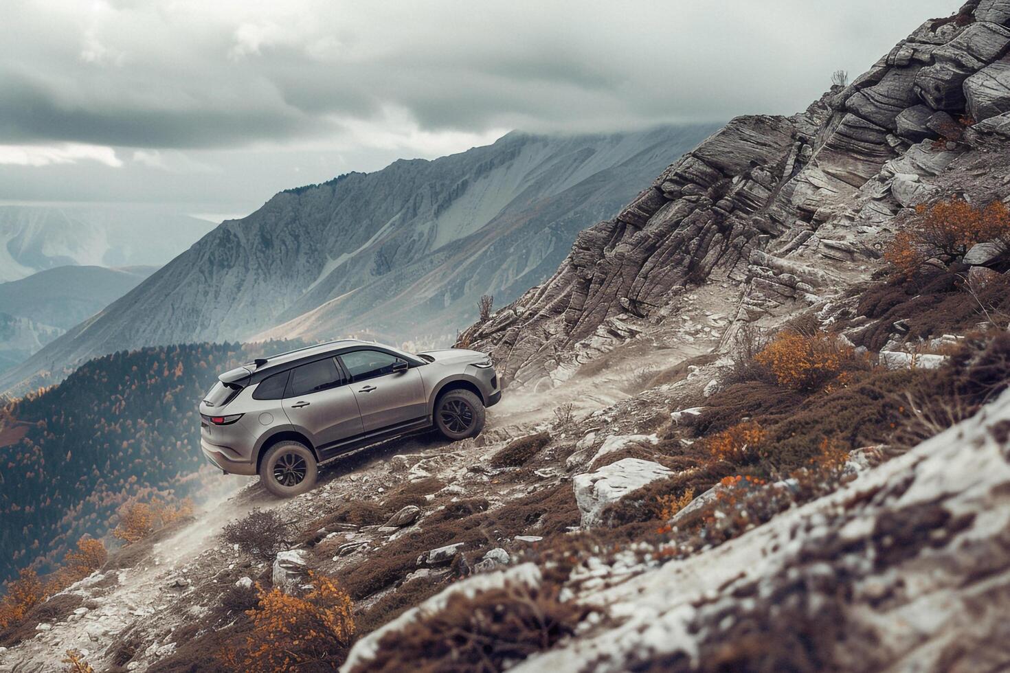 Powerful Hybrid SUV driving off road on rugged mountain trail with rocky terrain and panoramics photo