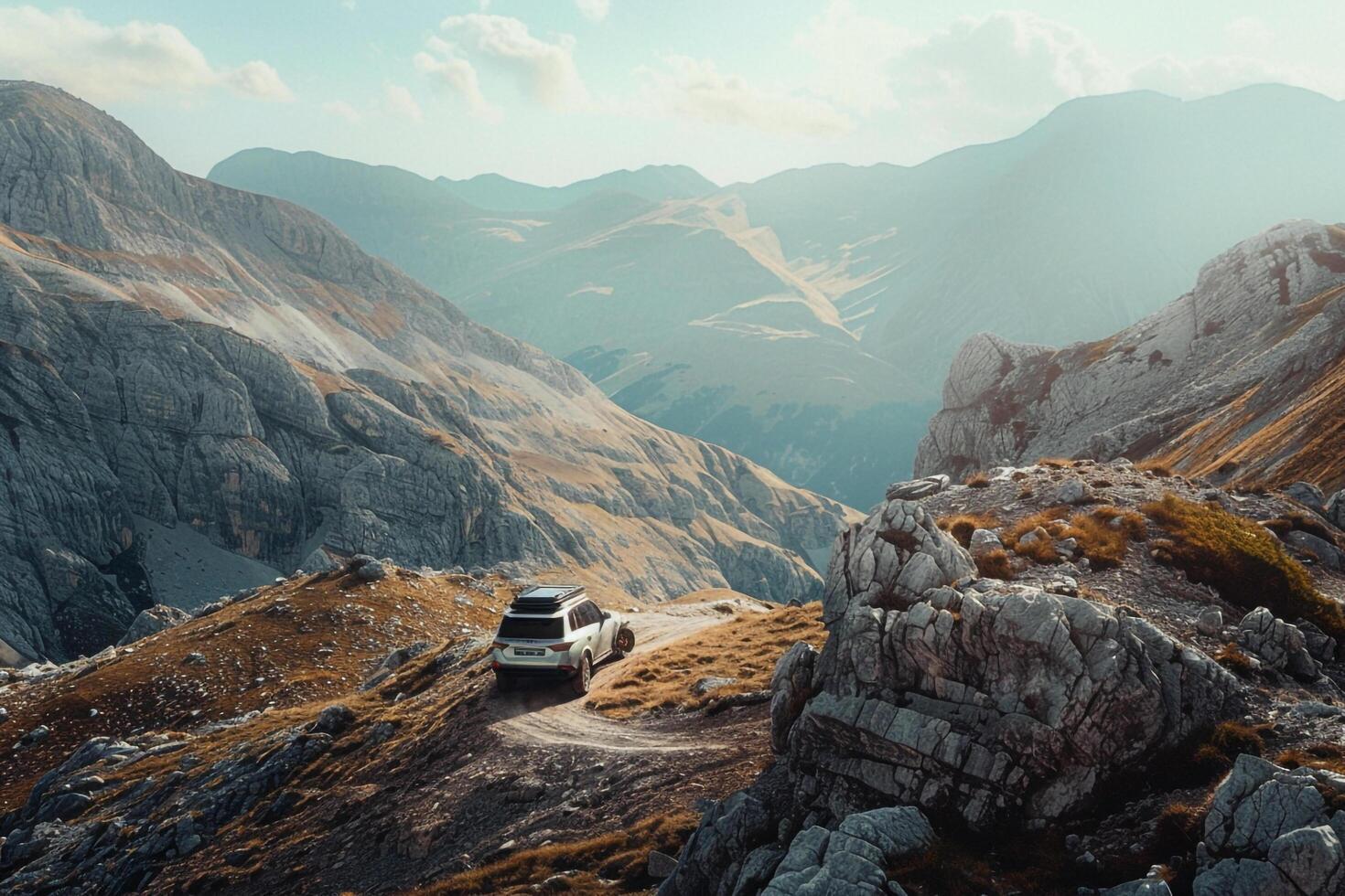 Powerful Hybrid SUV driving off road on rugged mountain trail with rocky terrain and panoramics photo