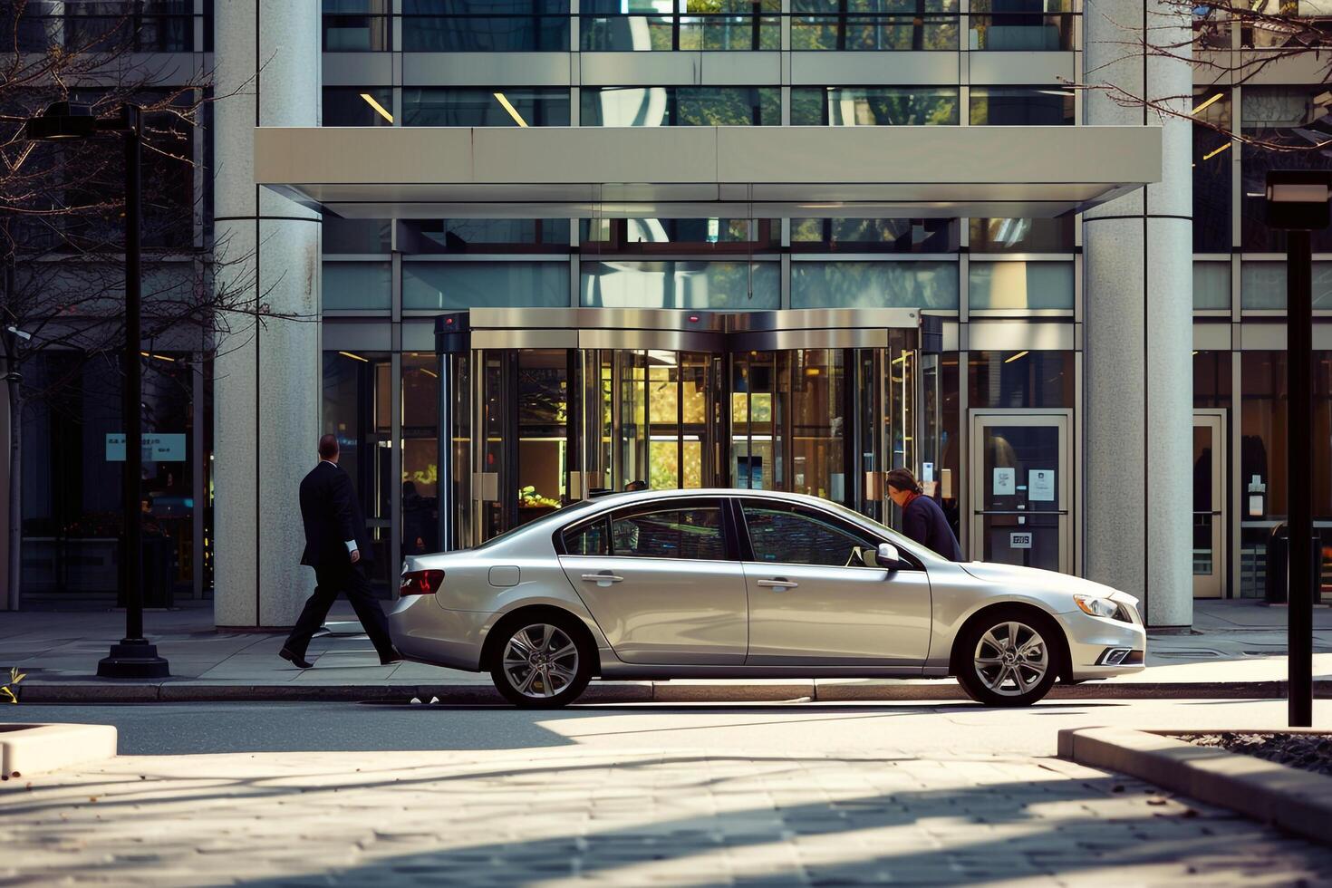 Practicality Compact sedan parked in modern office buildings parking lot with office workers entering and exiting the building photo