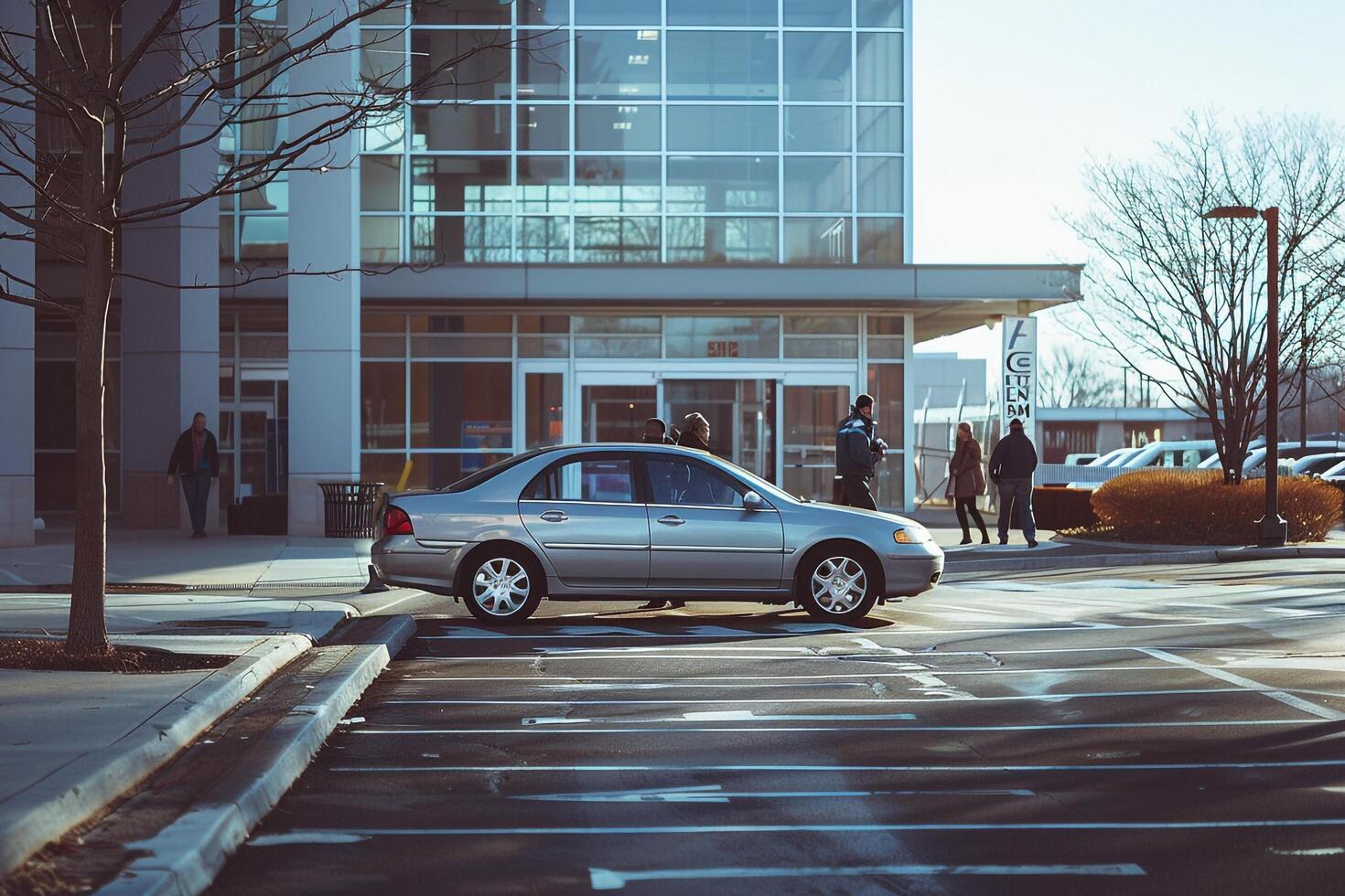 Practicality Compact sedan parked in modern office buildings parking lot with office workers entering and exiting the building photo