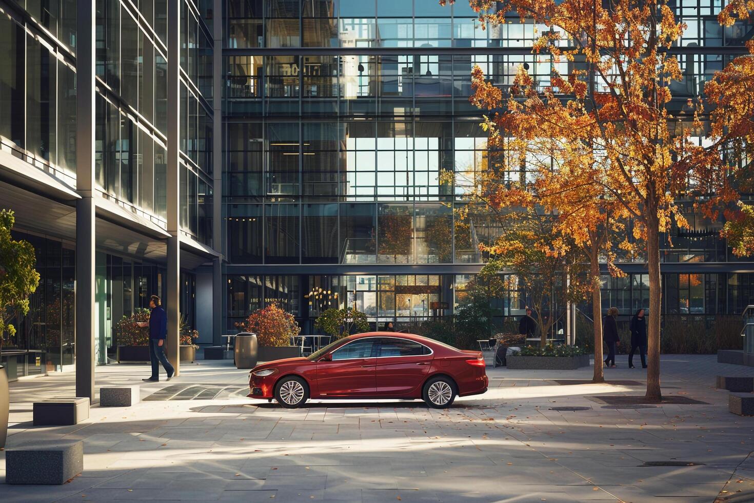 Practicality Compact sedan parked in corporate office campus with modern glass buildings and employees walking between meetings photo