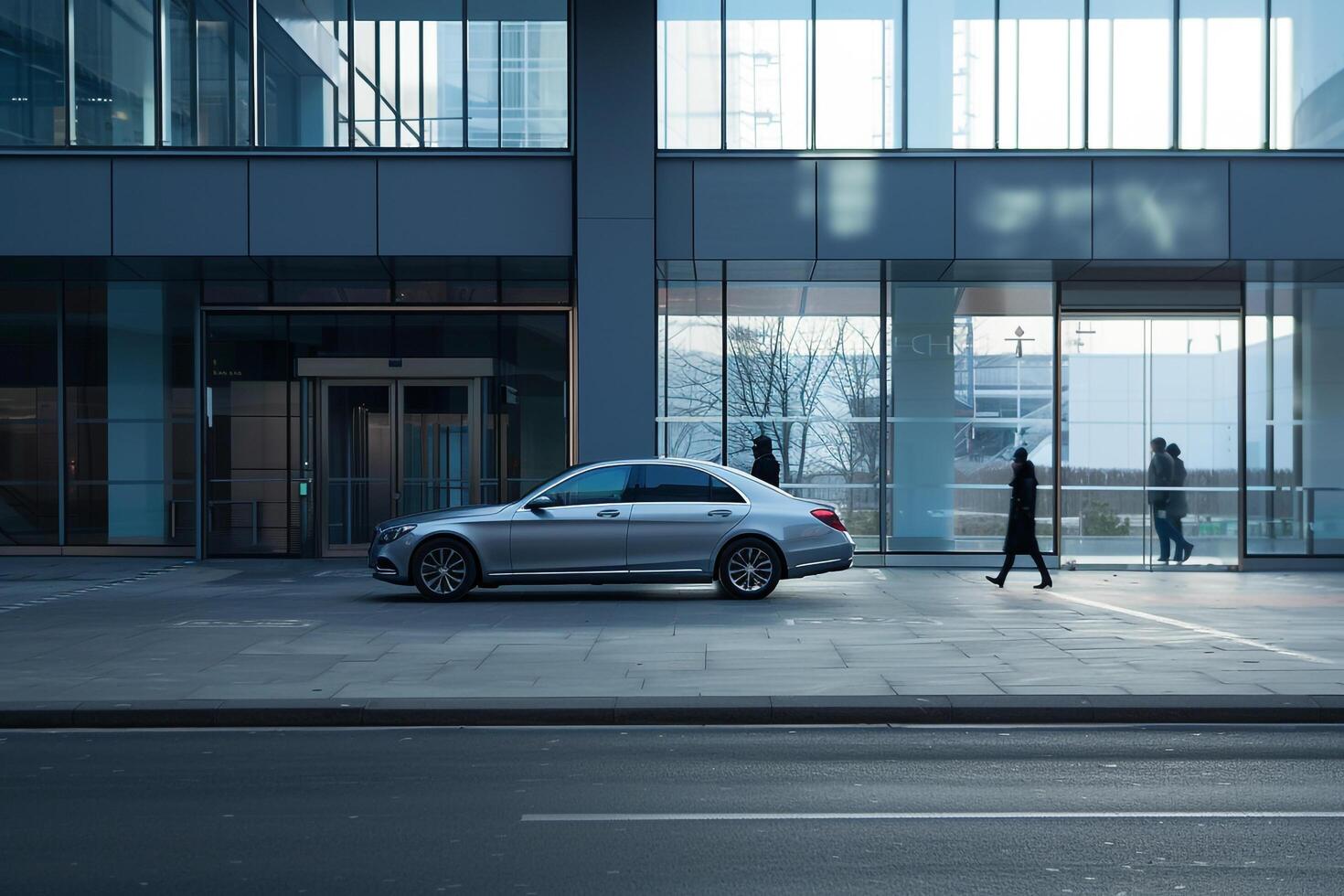 Practicality Compact sedan parked in modern office buildings parking lot with office workers entering and exiting the building photo