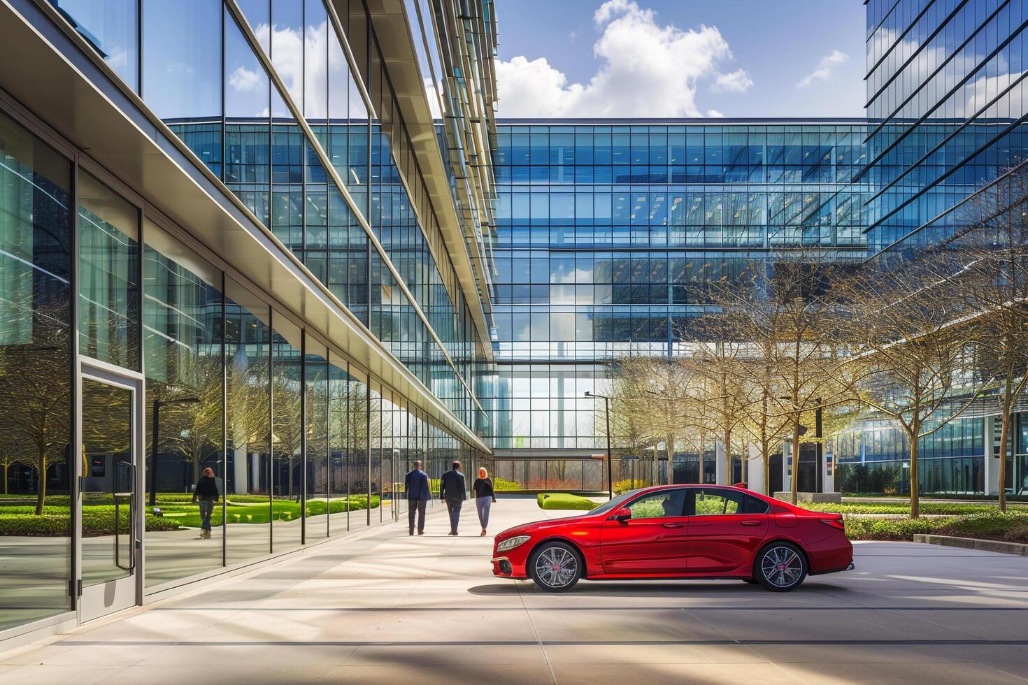 Practicality Compact sedan parked in corporate office campus with modern glass buildings and employees walking between meetings photo