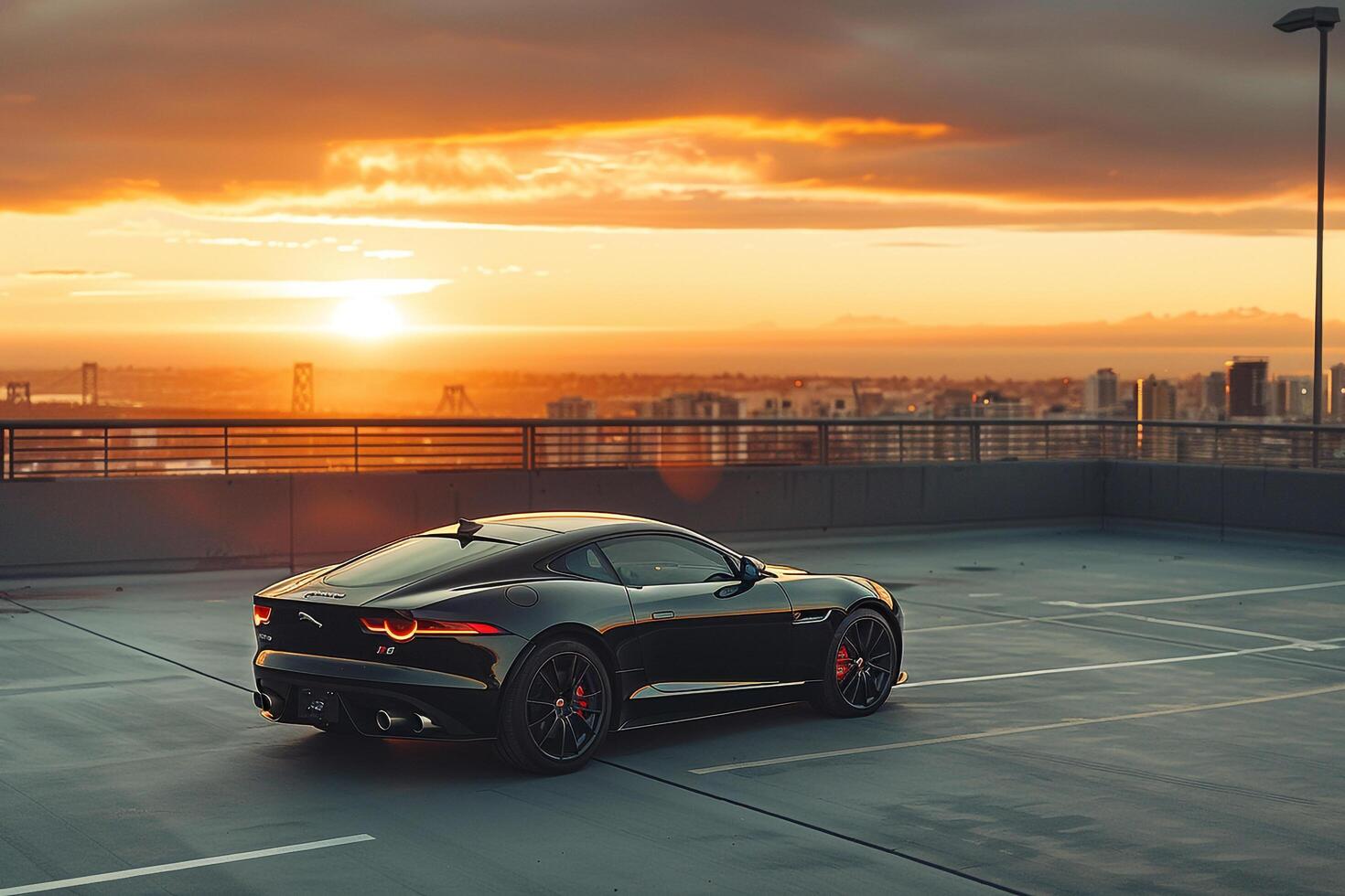 Prestige Mid size sports car parked at an upscale rooftop parking lot with panoramic city at sunset photo