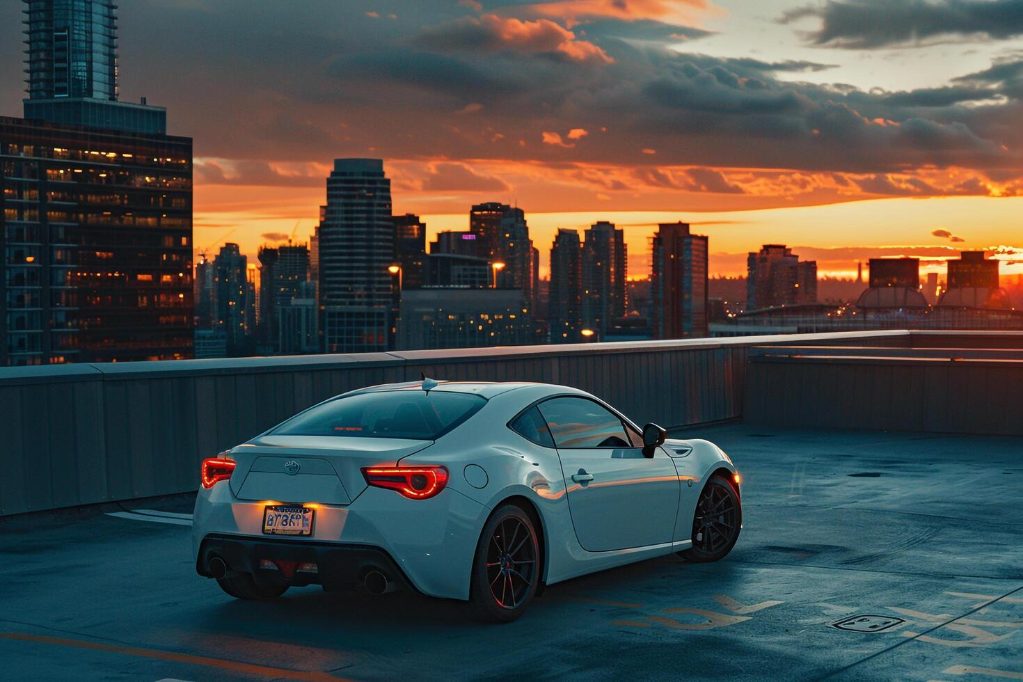 Prestige Mid size sports car parked at an upscale rooftop parking lot with panoramic city at sunset photo