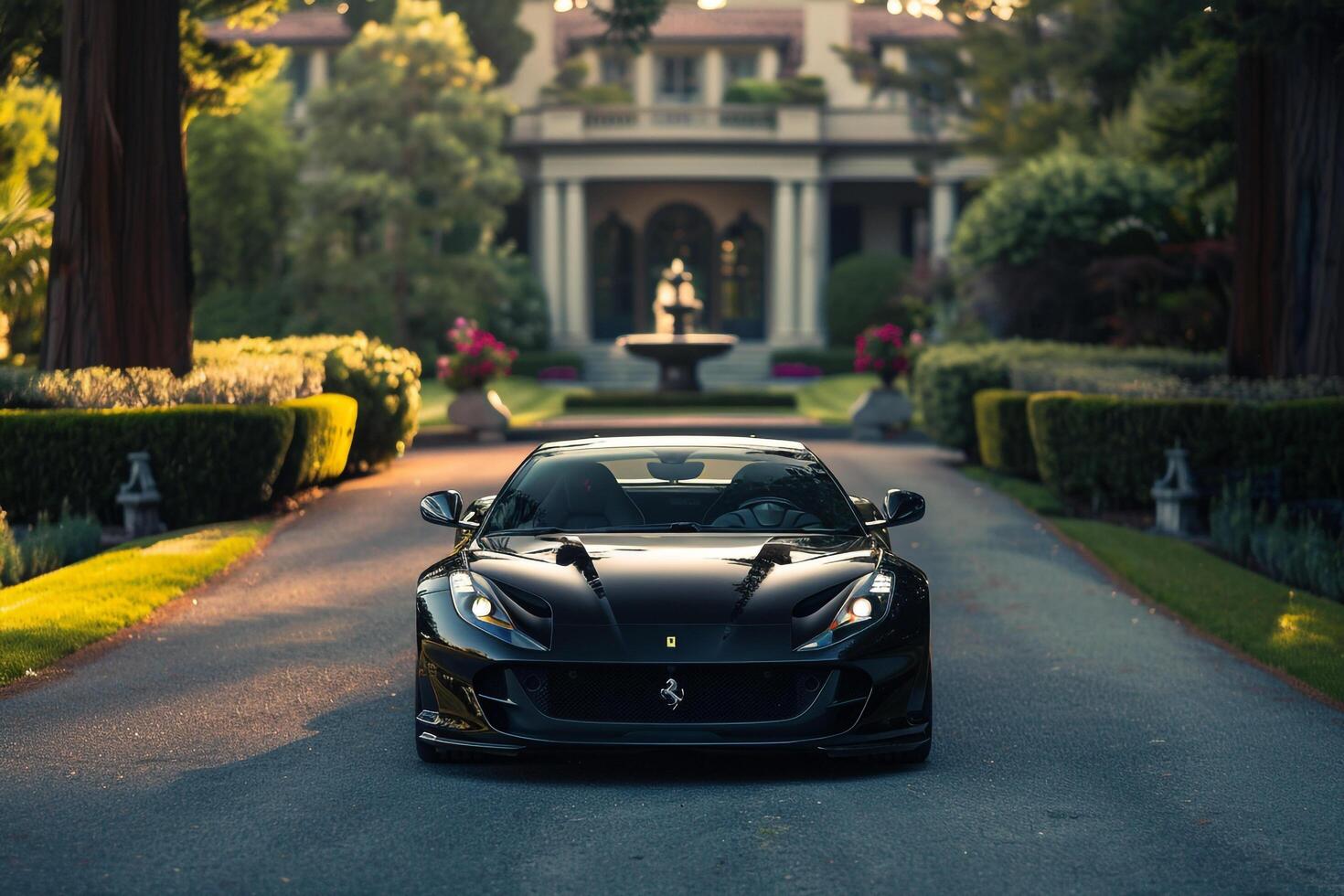 Prestige Luxury sports car parked at luxurious mansion driveway with manicured gardens and classical architecture in the background photo