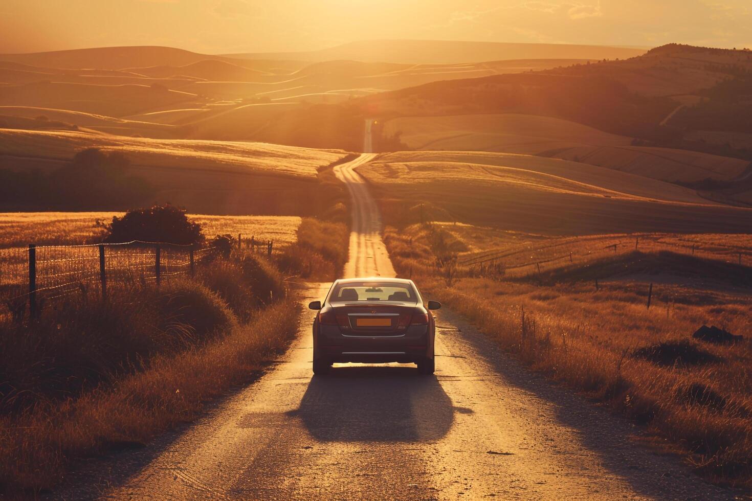 Prestige Full size sedan driving on winding countryside road with rolling hills and golden sunset light casting long shadows photo