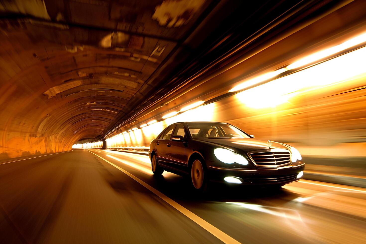 Reliability Mid size sedan driving through mountain tunnel with illuminated walls and sense of adventure ahead photo