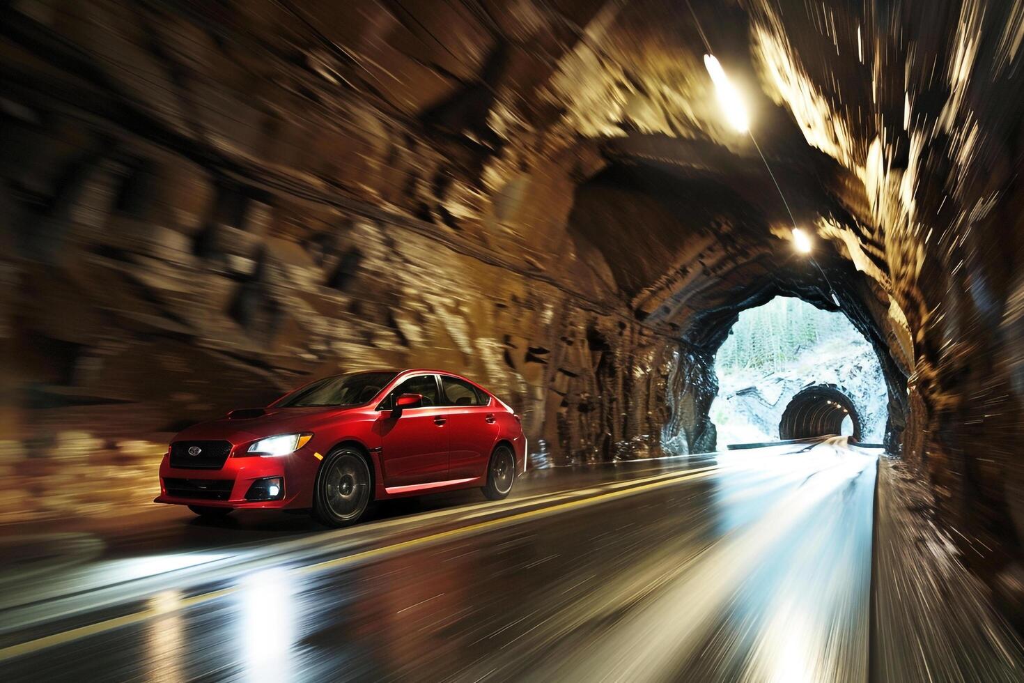 Reliability Mid size sedan driving through mountain tunnel with illuminated walls and sense of adventure ahead photo