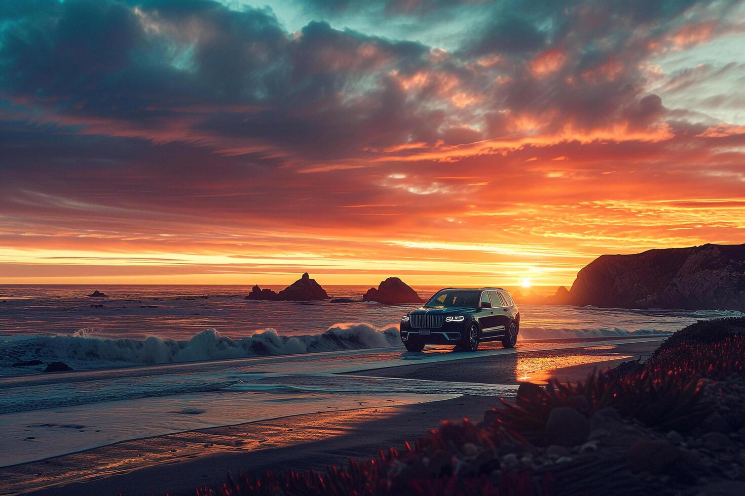 Sophistication Luxury SUV cruising on scenic coastal road at sunset with waves crashing on rocks and vibrant sky photo