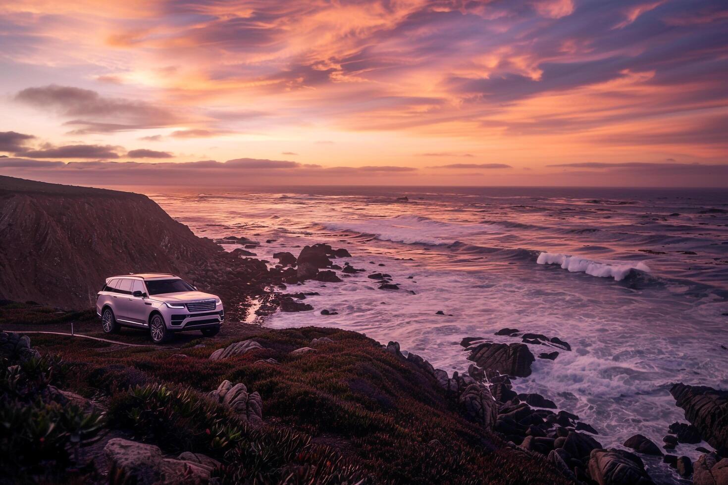 Sophistication Luxury SUV cruising on scenic coastal road at sunset with waves crashing on rocks and vibrant sky photo