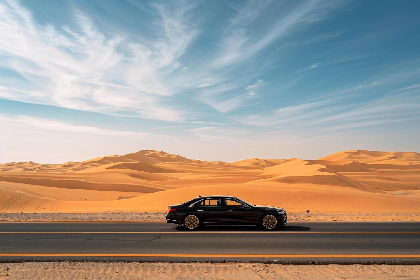 Sophistication Luxury sedan cruising on desert highway with expansive sand dunes and clear blue sky photo