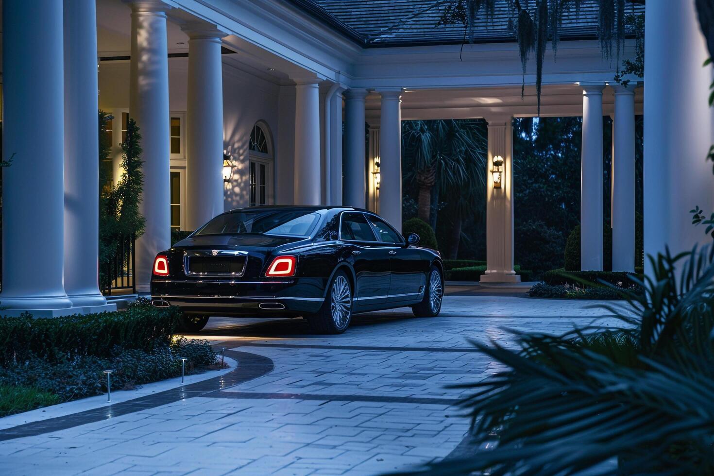 Sophistication Luxury sedan parked in private mansion driveway with white pillars showcasing its opulence and refined craftsmanship photo