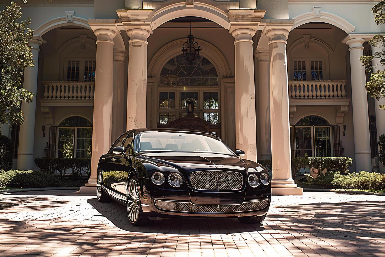 Sophistication Luxury sedan parked in private mansion driveway with white pillars showcasing its opulence and refined craftsmanship photo