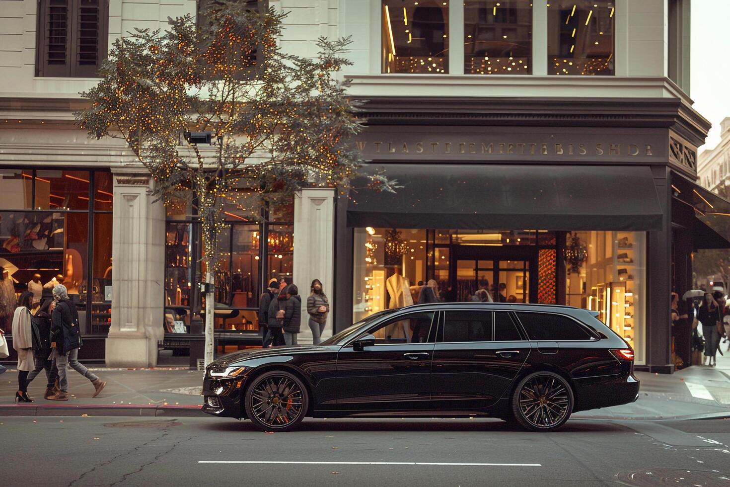 Sophistication Luxury wagon driving through an upscale urban shopping district with boutique stores and fashionable pedestrians photo