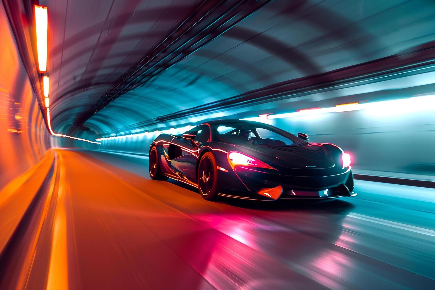 Speed Supercar speeding through an urban tunnel with  and vibrant tunnel lights photo