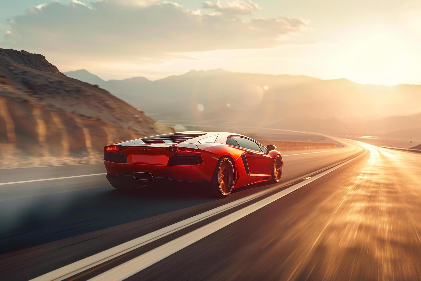 Speed Sports car racing on an open highway with red motion and distant mountains photo