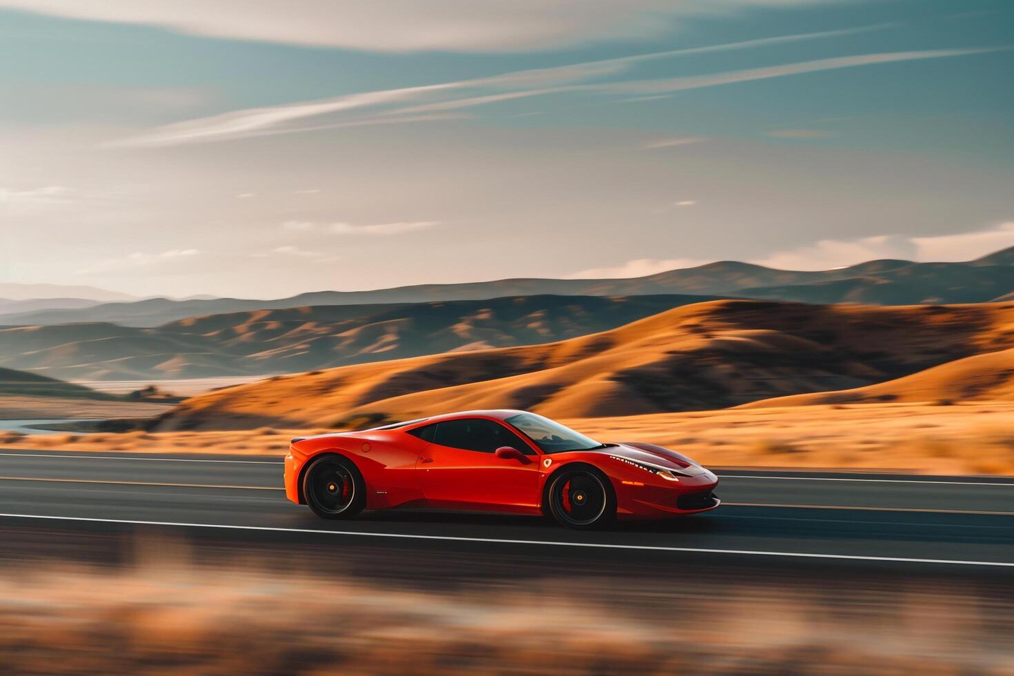 Speed Sports car racing on an open highway with red motion and distant mountains photo