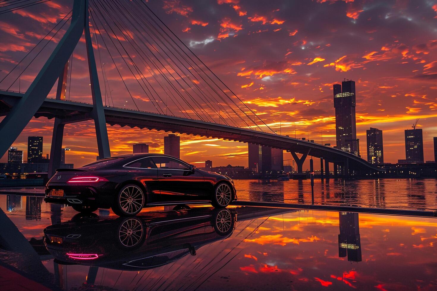 Speed Coupe parked on sleek modern bridge with city lights reflecting in the water below and colorful sunset sky photo