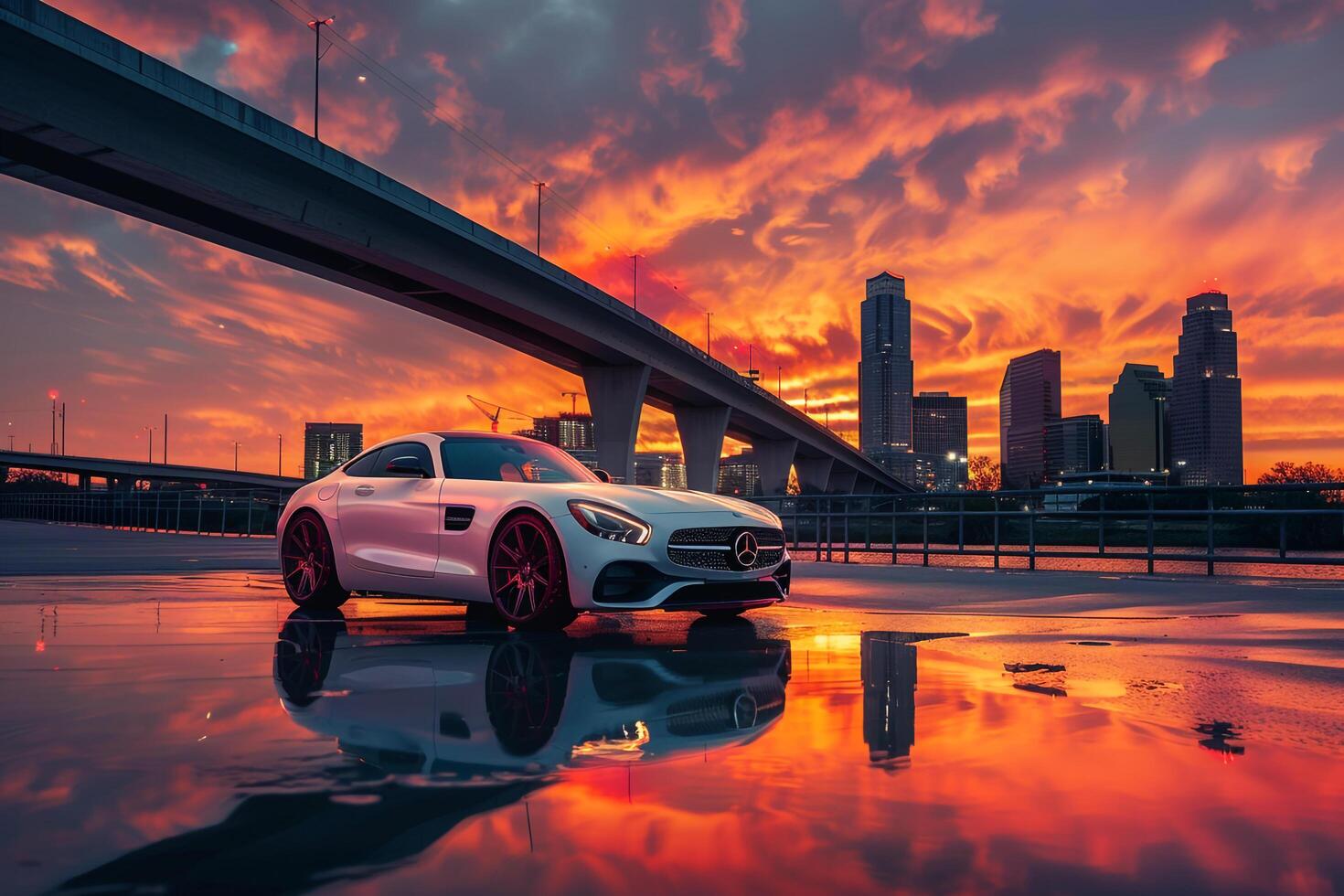 Speed Coupe parked on sleek modern bridge with city lights reflecting in the water below and colorful sunset sky photo