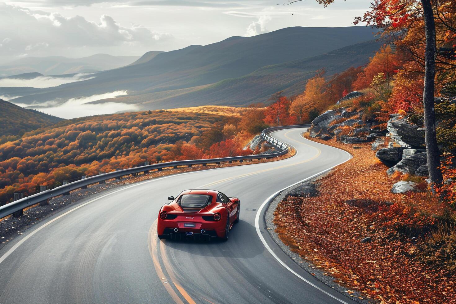 Speed Compact sports car speeding along winding mountain road with autumn foliage and distant mountain peaks photo