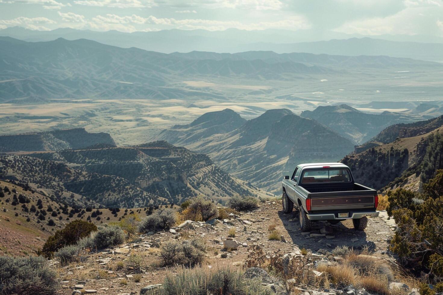 Strength Pickup truck parked at rugged mountain peak with expansives of valleys and distant mountain ranges photo